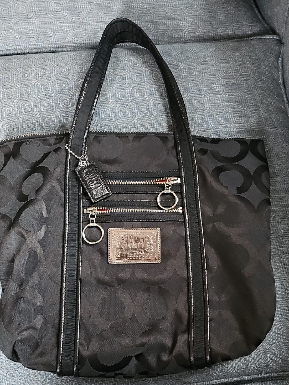 Authentic Coach black signature jacquard multi-zip gallery tote,